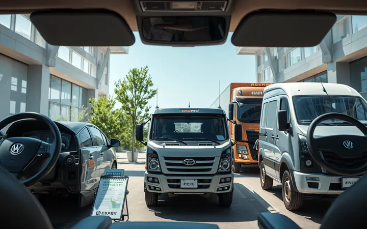 轿车、货车和大巴车并排停放，每辆车内安装有GPS定位设备